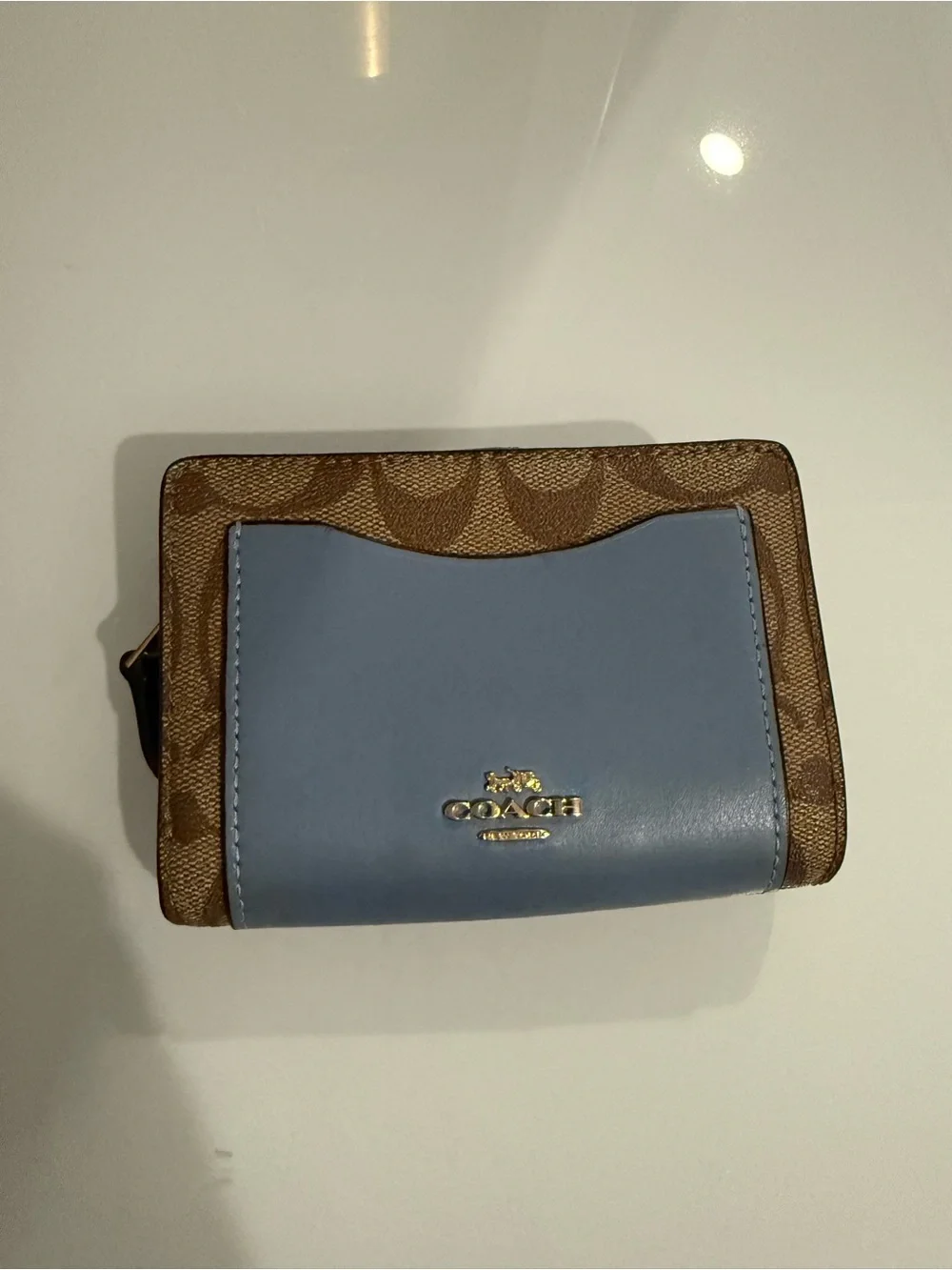 Coach Compact Card Holder in Blue and Brown Signature Canvas